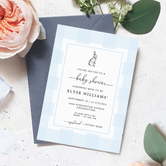 Convite para Chá de fraldas Bunny Rabbit Blue Ging (Baby Shower Invitation Blue Gingham Check Bunny Rabbit)