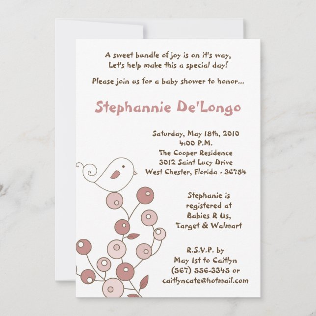 Convite para Chá de fraldas Bush Retro Pássaro Cor (Frente)