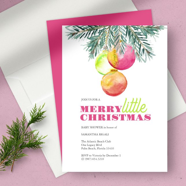 Convite para Chá de fraldas da Festa de Natal (Christmas theme baby shower bright pink and green color 2023 watercolor art by Victoria Grigaliunas)