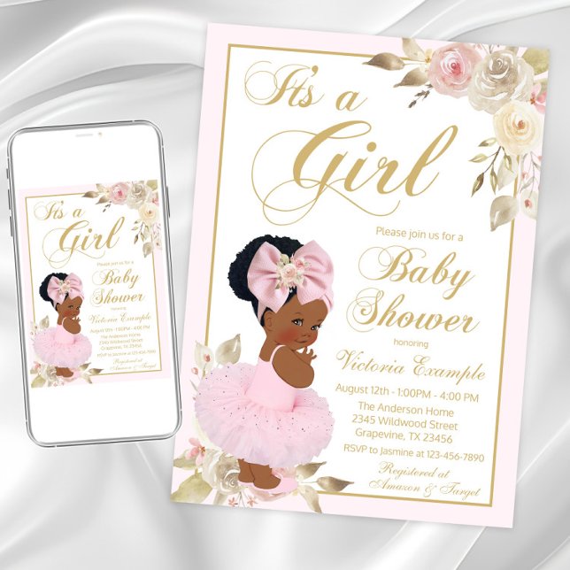 Convite para Chá de fraldas da Princesa Africana T (Cute pink and gold tutu baby shower invitation. Instant download and printed invitations available.)