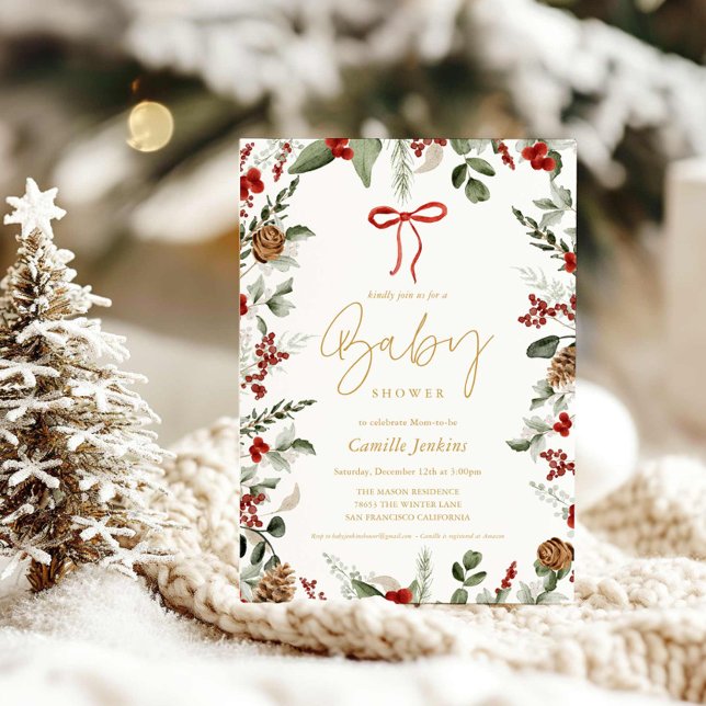 Convite para Chá de fraldas da RusticWinter Girl (Rustic Greenery Baby Shower Invitation)