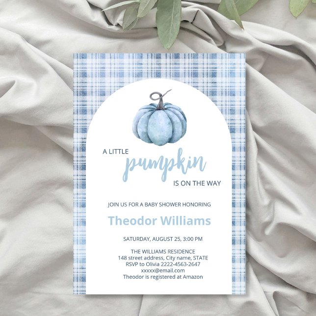 Convite para Chá de fraldas de Abóbora Azul | Tema (Little pumpkin minimalistic autumn fall baby shower invitation )