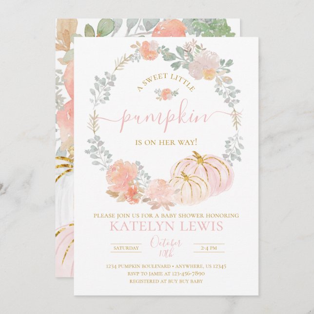 Convite para Chá de fraldas de Abóbora Rosa (Frente/Verso)