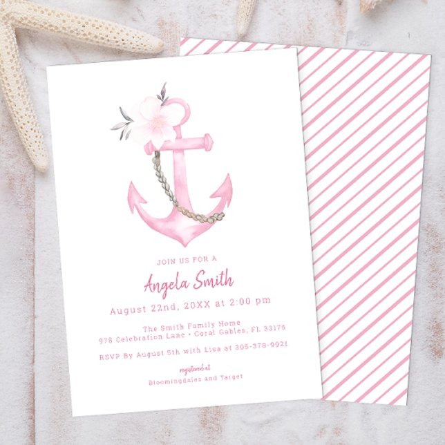 Convite para Chá de fraldas de Âncora d'água rosa (Pink Nautical Baby Shower Invitation)