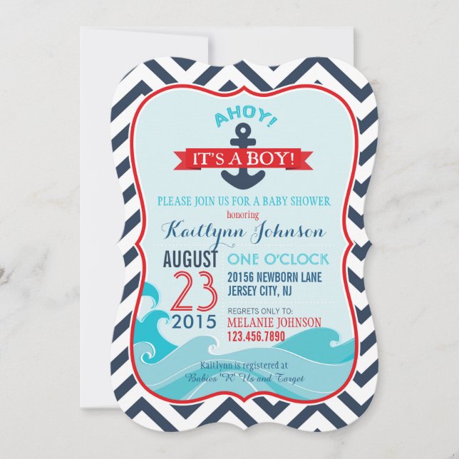 Convite para Chá de fraldas de Âncora e Chevron Ná (Frente)