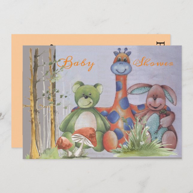 Convite para chá de fraldas de animais recheados (Frente/Verso)