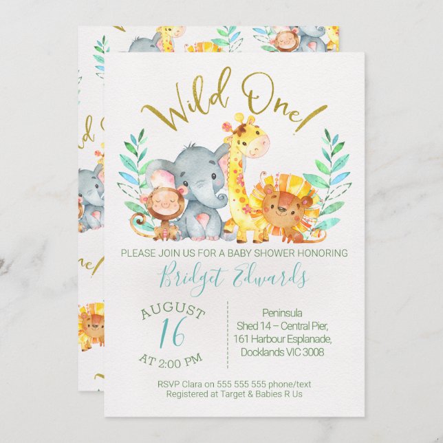 Convite para Chá de fraldas de Animais Safari Cute (Frente/Verso)