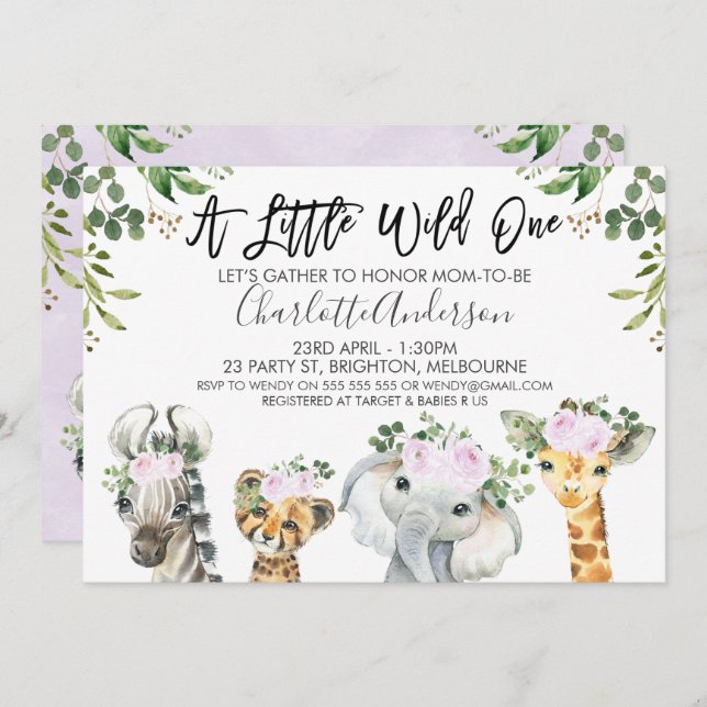 Convite Para Chá de fraldas De Animais Safari Roxo (Frente/Verso)