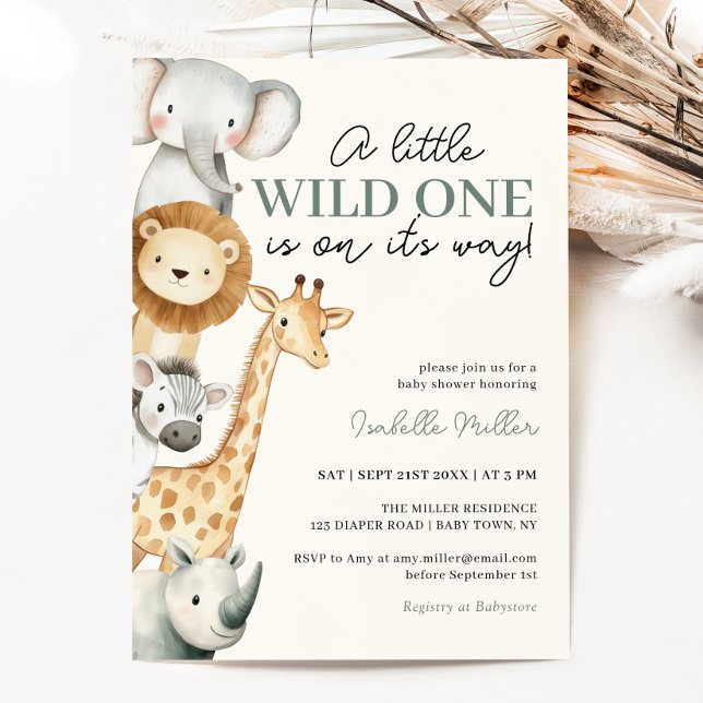 Convite para Chá de fraldas de Animais Safari Selv (Wild One Safari Animals Boy Baby Shower Invitation)