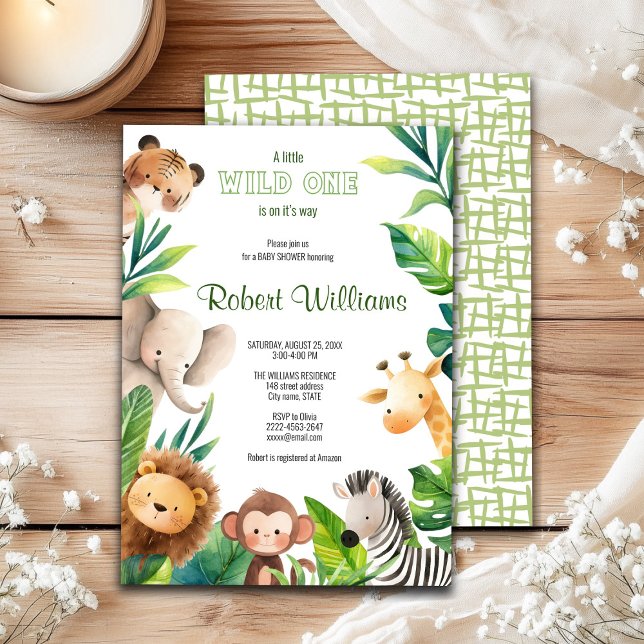 Convite para chá de fraldas de aquarela animal Saf (African safari-themed baby shower invitation! Featuring charming jungle animals 🌿🦒✨)