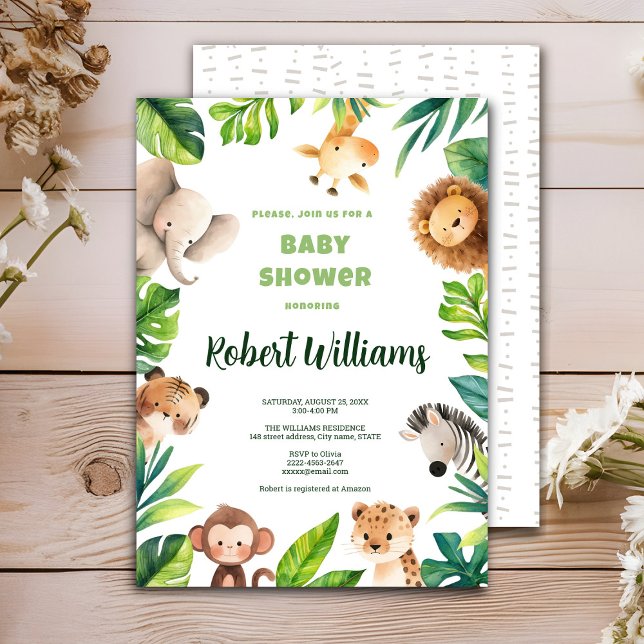 Convite para chá de fraldas de aquarela animal Saf (African safari-themed baby shower invitation! Featuring charming jungle animals 🌿🦒✨)
