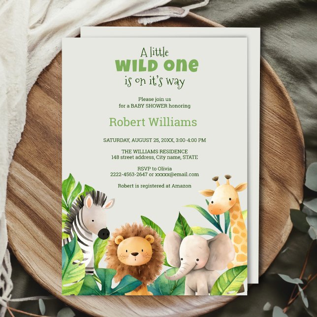 Convite para chá de fraldas de aquarela animal Saf (Safari wild one baby shower invitation )