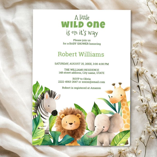 Convite para chá de fraldas de aquarela animal Saf (Safari wild one baby shower invitation )