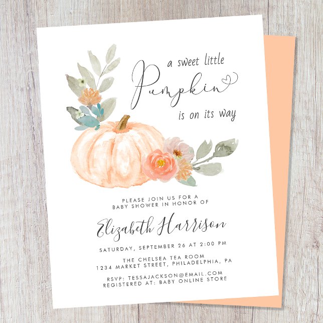 Convite para Chá de fraldas de Aquarela de Pequeno (Celebrate the upcoming arrival of your sweet little autumn baby with a pumpkin-themed baby shower)