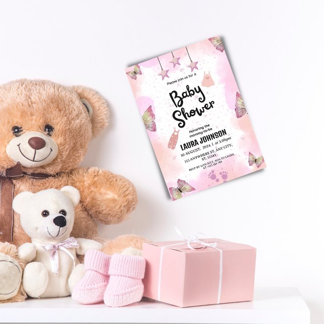 Convite para Chá de fraldas de Aquarela Rosa abstr (Criador carregado)