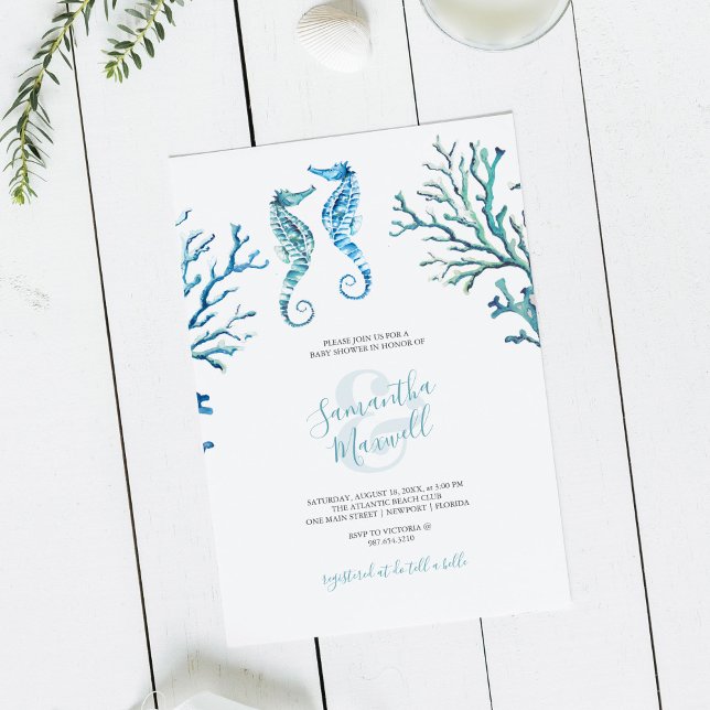 Convite para Chá de fraldas de Aquarelas Azuis Cas (Baby shower invitation seahorse watercolor art by Victoria Grigaliunas)