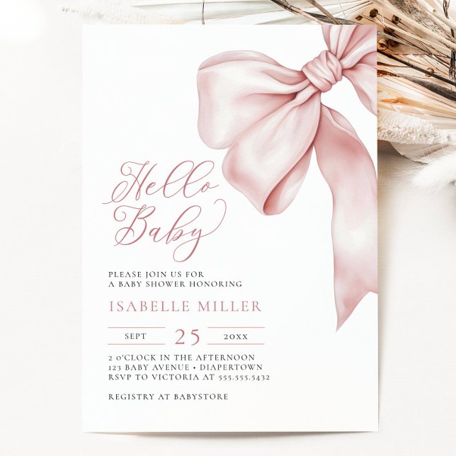 Convite para Chá de fraldas de Arco Rosa Moderno (Modern Pink Bow Baby Shower Invitation)