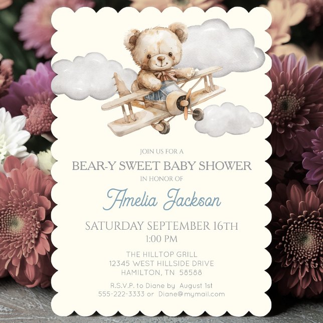 Convite para Chá de fraldas de avião para Urso de  (Bear-y Sweet Vintage Airplane and Teddy Bear Baby Shower Invitation )