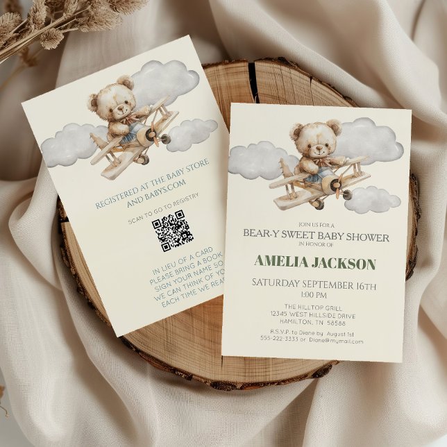 Convite para Chá de fraldas de avião para Urso de  (Boho Vintage Teddy Bear and Airplane Bear-y Sweet Baby Shower Invitation)