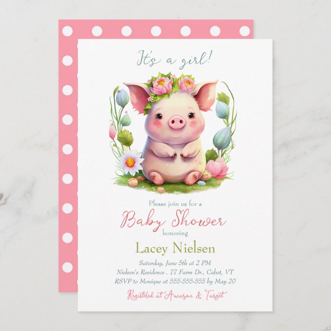 Convite para Chá de fraldas de Baby Pig Girl (Frente/Verso)