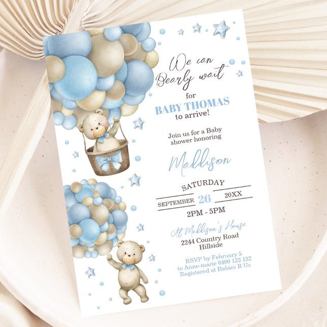 Convite para Chá de fraldas de Balão de Ar Quente  (Teddy Bear Hot Air Balloon Baby Shower Invitation Boy)