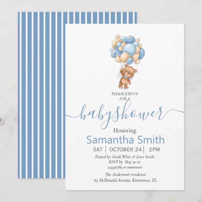 Convite para Chá de fraldas de Balão de Urso de Te (Frente/Verso)