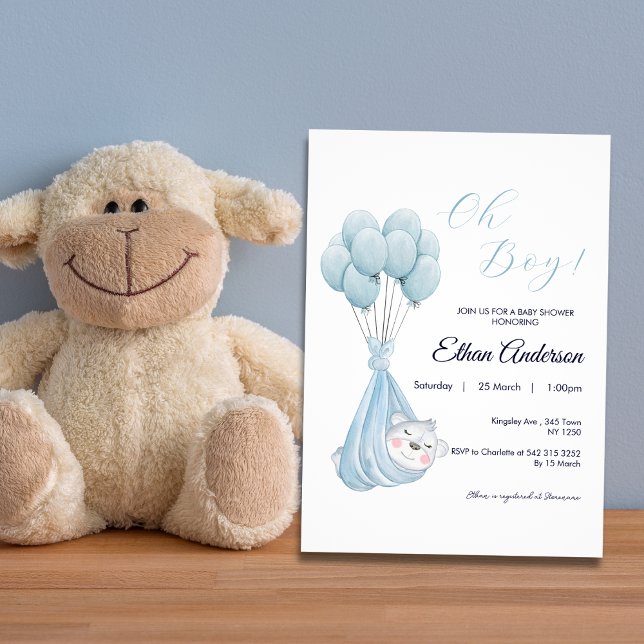 Convite para Chá de fraldas de Balão de Urso Justo (Oh Boy Cute Bear Balloon Baby Shower Invite)