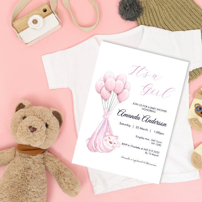 Convite para Chá de fraldas de Balão de Urso Rosa  (Cute Pink Girl Bear Balloon Baby Shower Invite)