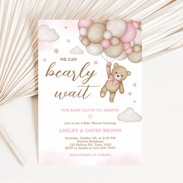 Convite para Chá de fraldas de Balão de Urso Rosa (Girl Bear Baby Shower Invitation)