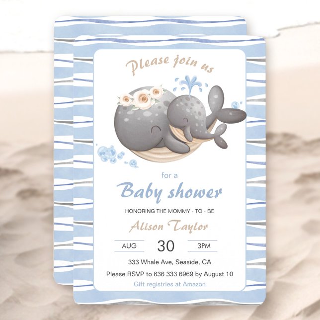 Convite para Chá de fraldas de Baleia Náutica (Nautical Whale Baby Shower Invitation)