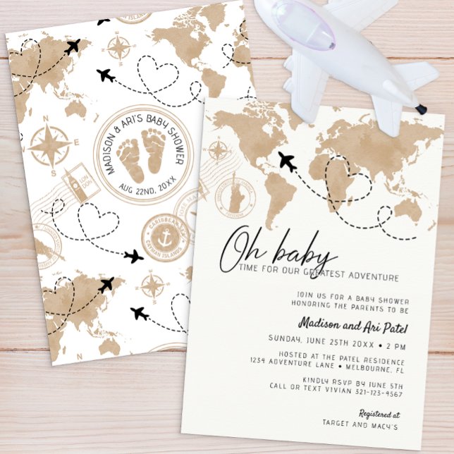 Convite para Chá de fraldas de bebê (Travel Adventure Baby Shower Invite)