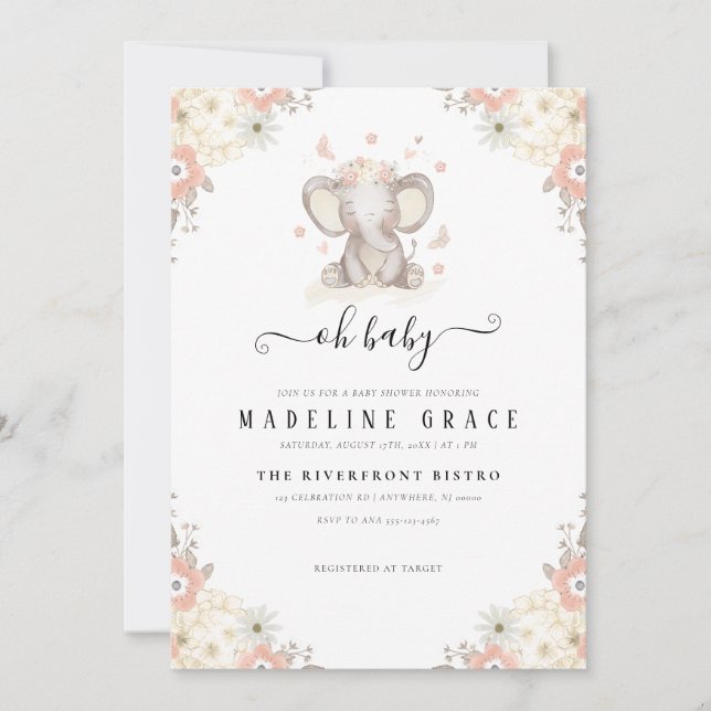 Convite para Chá de fraldas de bebê elefante (Frente)