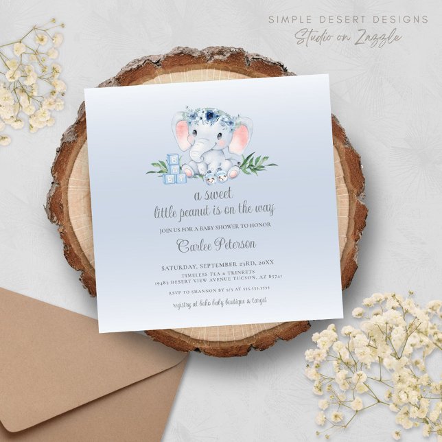 Convite para Chá de fraldas de Bebê Elefante Moder (Mondern Blue Baby Shower Invitation with Floral Greenery Accents and Vintage Aesthetics)