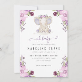 Convite para Chá de fraldas de bebê elefante roxo