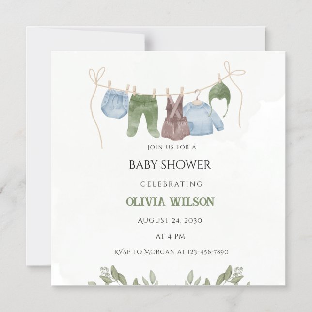 Convite para Chá de fraldas de bege Verde Pastel (Frente)