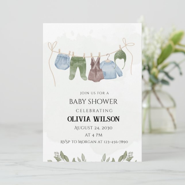 Convite para Chá de fraldas de bege Verde Pastel (Em pé/Frente)