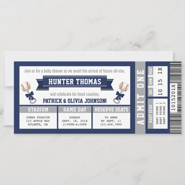 Convite para Chá de fraldas de beisebol, Azul, Cin (Frente)