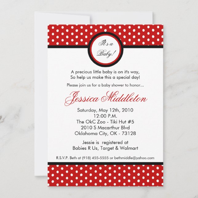 Convite para Chá de fraldas de Bolinhas Vermelha 5 (Frente)