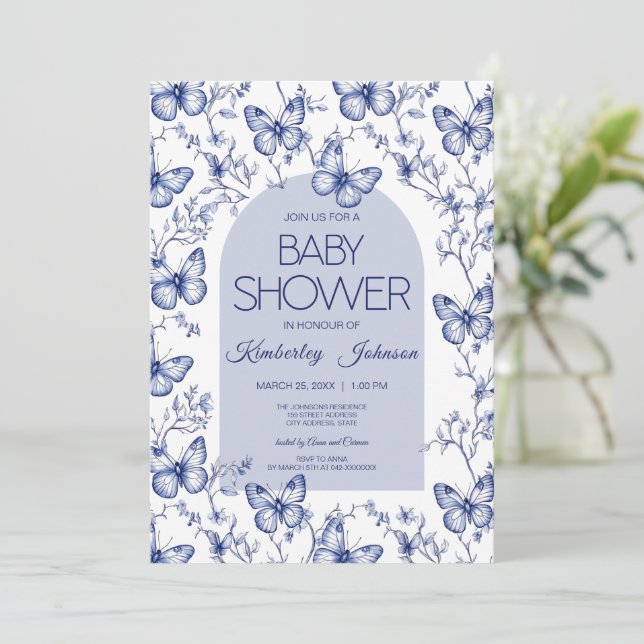 Convite para Chá de fraldas de Borboleta Blue Chin (Em pé/Frente)
