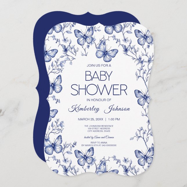 Convite para Chá de fraldas de Borboleta Blue Chin (Frente/Verso)