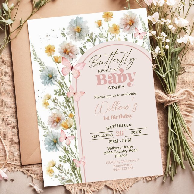 Convite para Chá de fraldas de Borboleta de Flor S (Butterfly Kisses and Baby Wishes Wildflower Butterfly Baby Shower Invitation)