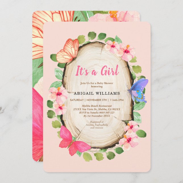 Convite para Chá de fraldas de Borboleta Woodland (Frente/Verso)