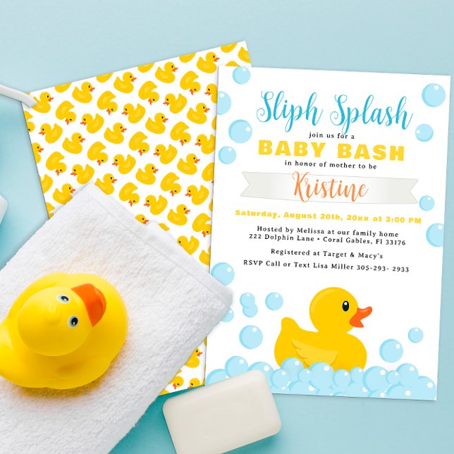 Convite para Chá de fraldas de Borracha Ducky - Di (Rubber duck baby shower invitation - splish splash rubber ducky a new baby to love)