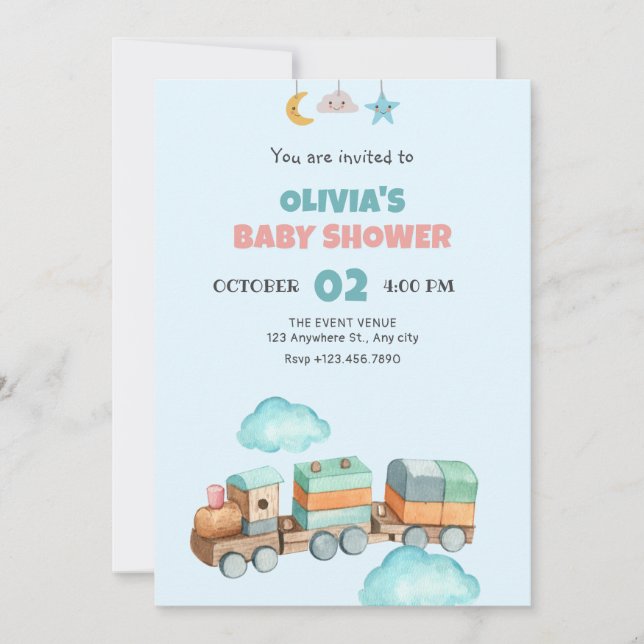 Convite para chá de fraldas de Brinquedos de Trem  (Frente)