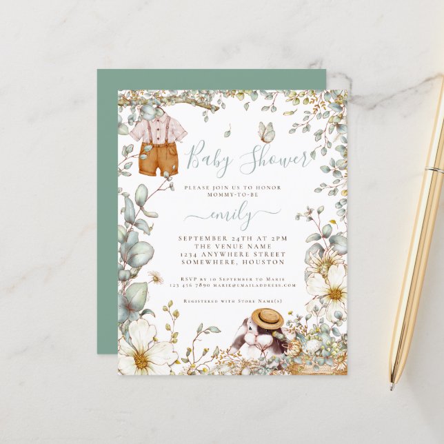 Convite para Chá de fraldas de Bunny Sage Boy (Frente/Verso In Situ)