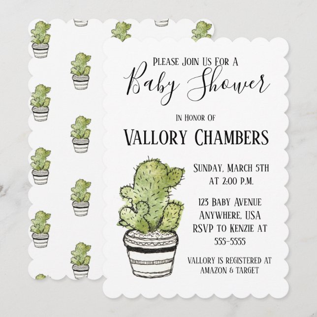Convite para Chá de fraldas de Cactus Suculente (Frente/Verso)