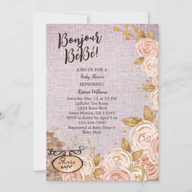 Convite para Chá de fraldas de Café de Paris Rosa (Frente)