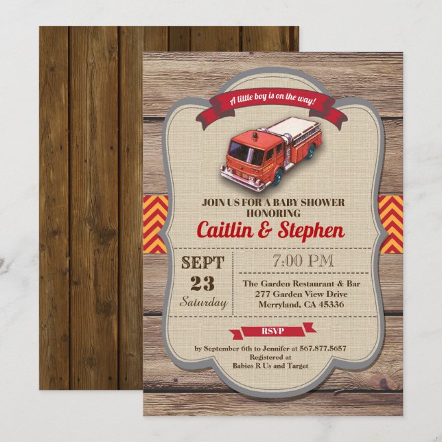 Convite para chá de fraldas de caminhão de incêndi (Frente/Verso)