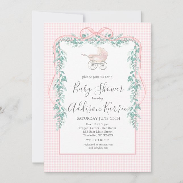 Convite para chá de fraldas de carruagem de bebê d (Frente)
