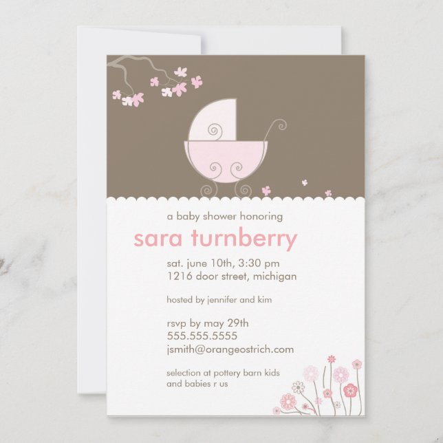 Convite para Chá de fraldas de Carruagem Rosa (Frente)